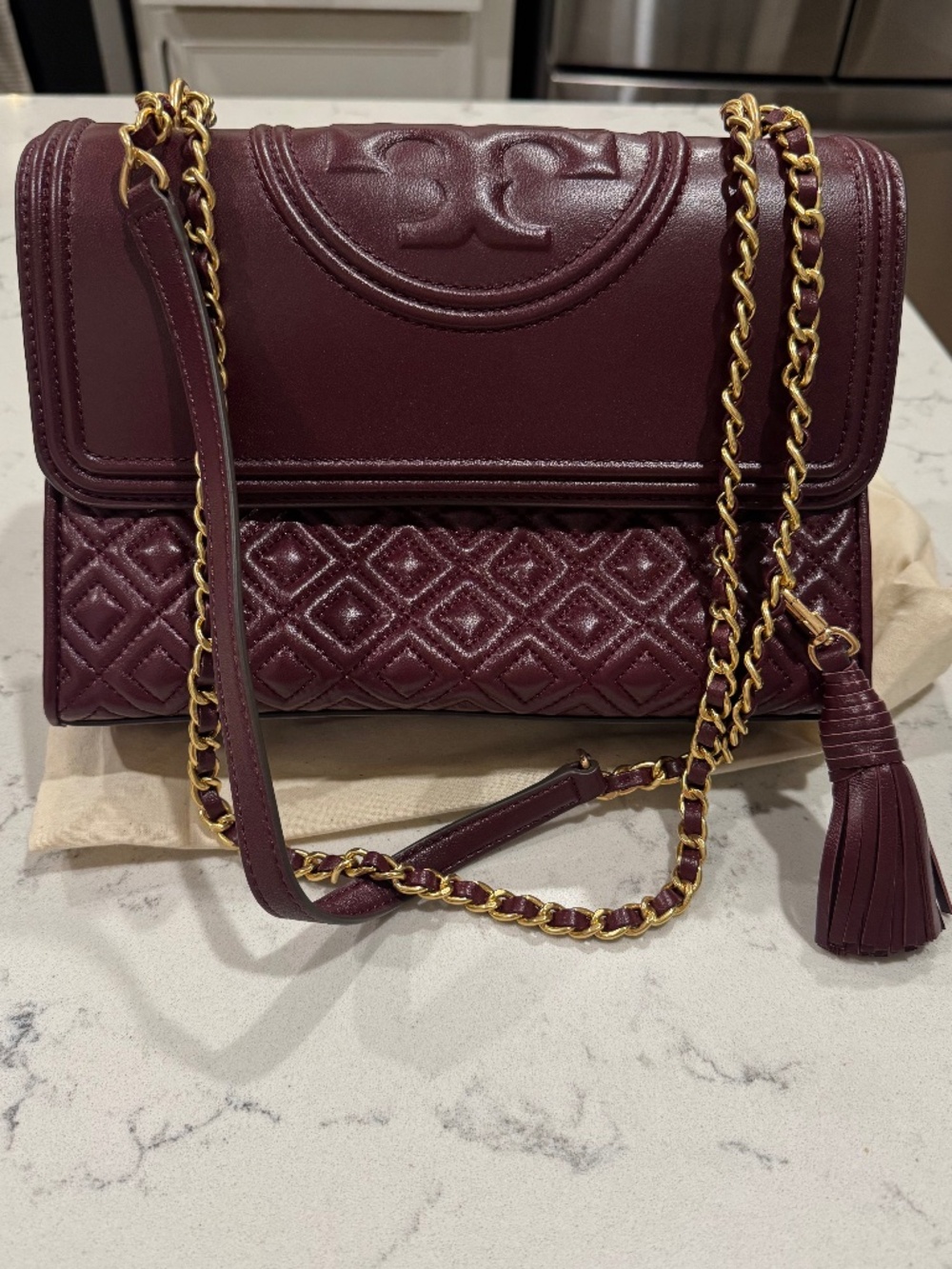 Tory Burch Small Fleming Convertible Shoulder Bag – Burgundy Quilted Leather